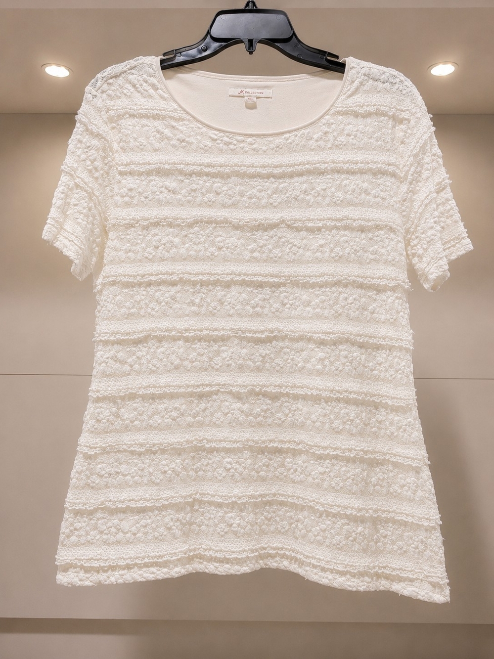 Floral Lace Overlay Short Sleeve Stretch Blouse Scoop Neck